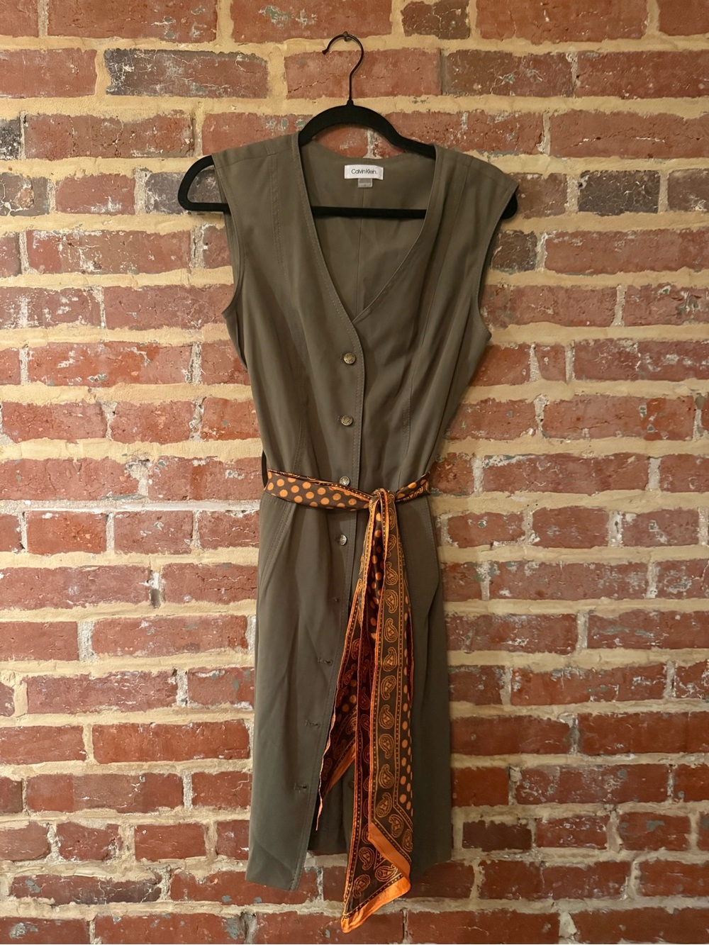 Calvin Klein Olive Sleeveless Button-Front Dress with Satin Belt